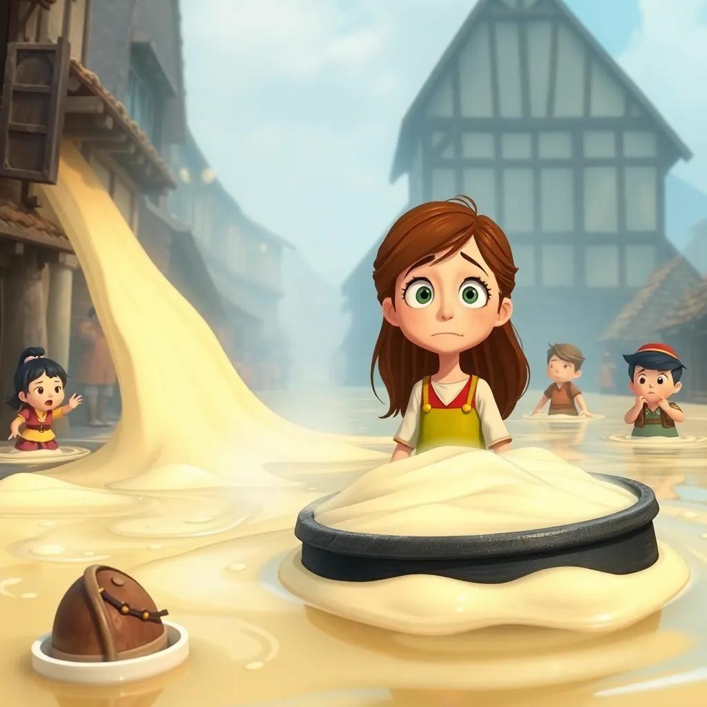 Mia, a cheerful girl with long brown hair, looking worried as porridge spills out of the pot and floods the streets, villagers paddling in thick creamy porridge, surprised and confused expressions, whimsical style, expressive art, animated