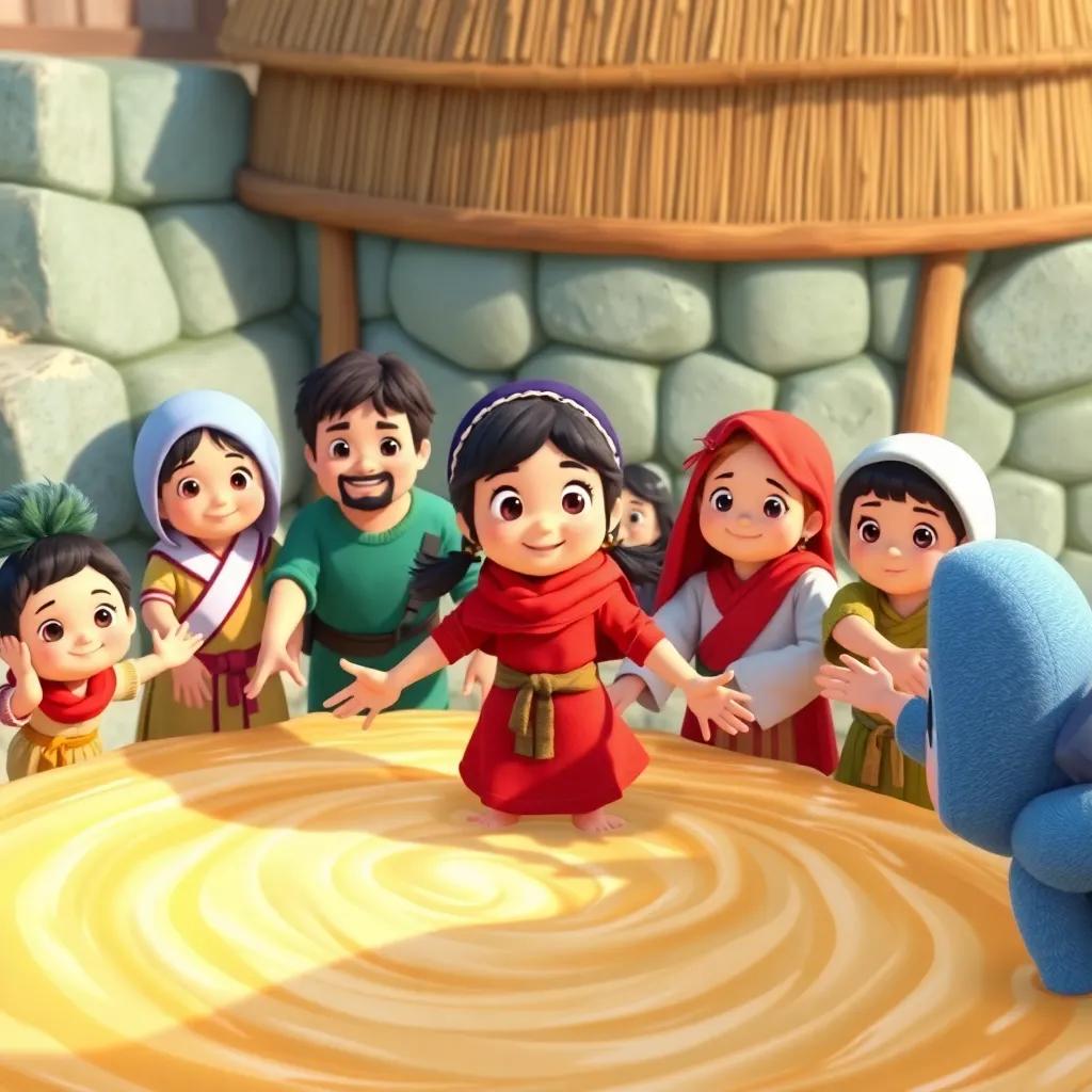 A scene showing villagers working together, trying to stop the overflowing porridge, with Mia standing bravely at the front, they hold hands forming a barrier in a fun and lighthearted manner, vibrant colors, community spirit, detailed and clear