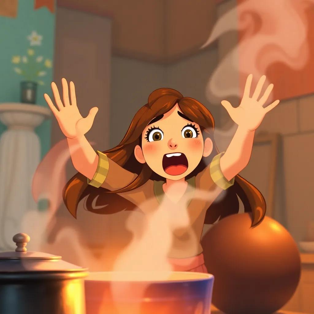 Mia, a brave girl with long brown hair in a magical moment, shouting in excitement as she commands the pot to stop, the pot is steaming, capturing the intensity and friendship in the air, thoughtful ambiance, drama and vibrancy, illustrative