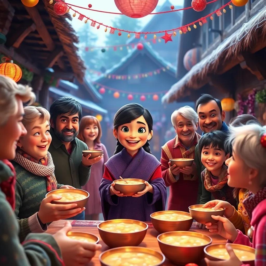 A joyful celebration in the village with people enjoying bowls of porridge, Mia at the center smiling, surrounded by friends and family, festive and bright atmosphere, colorful decorations, heartwarming scene, inviting