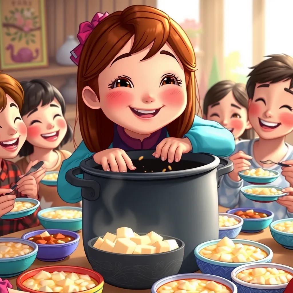 Mia, a cheerful girl with long brown hair, leaning over the pot with friends happily sharing porridge, laughter and joy in the air, colorful plates and bowls all around, feeling warm and homey, detailed and vivid
