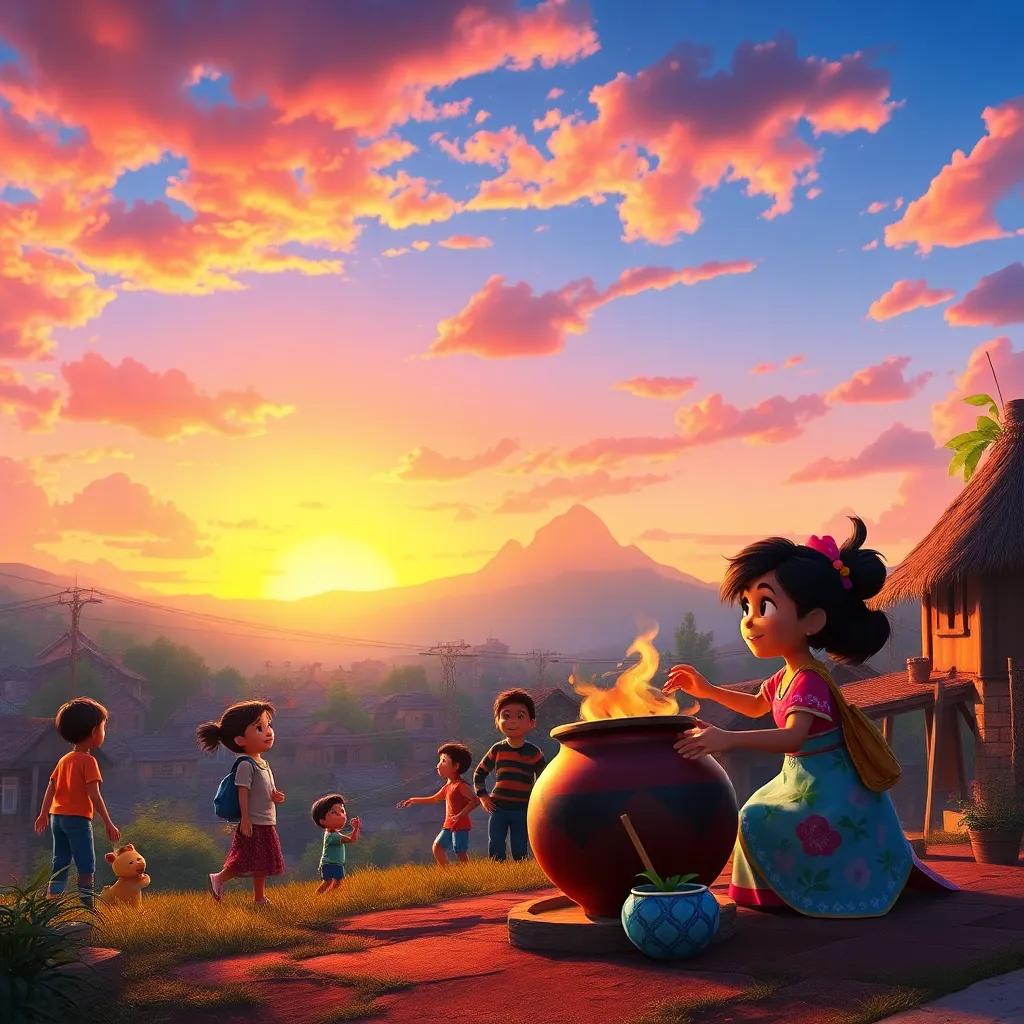 A vibrant sunset over the village, showcasing a heartwarming image of community and friendship, kids playing around, with Mia and her magical pot next to them, colorful skies and warm feelings, enchanting and beautiful