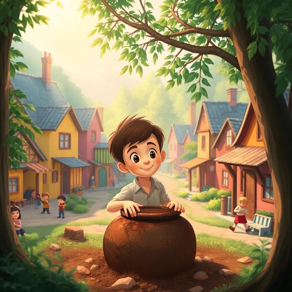 A small village with colorful houses and children playing in the streets, a poor boy named Sam with short brown hair and a simple shirt, discovering a rusty old pot in the woods, cheerful atmosphere, detailed illustration, warm colors, light shining through trees, magical feeling, high quality