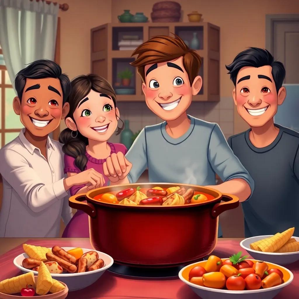 Sam at home with a family gathered around a table filled with delicious food from the pot, his family smiling brightly, a warm and inviting setting, digital painting, vibrant colors, cozy ambiance