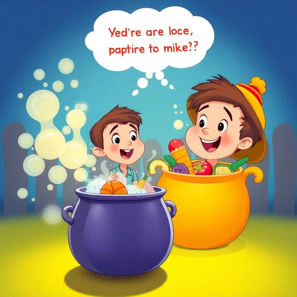 Sam chanting the special phrase as the magic pot bubbles and fills with steaming meals, wonder on his face, ingredients popping out of the pot, colorful and lively, fantasy illustration, inviting and cheerful, child-friendly, high quality