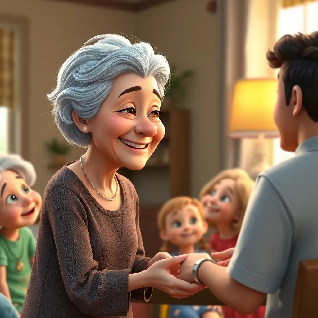 Sam inviting an elderly woman with gray hair and a simple dress to join him and his family, her smile radiating joy, warm light illuminating the scene, cozy home setting, digital art, detailed, heartwarming