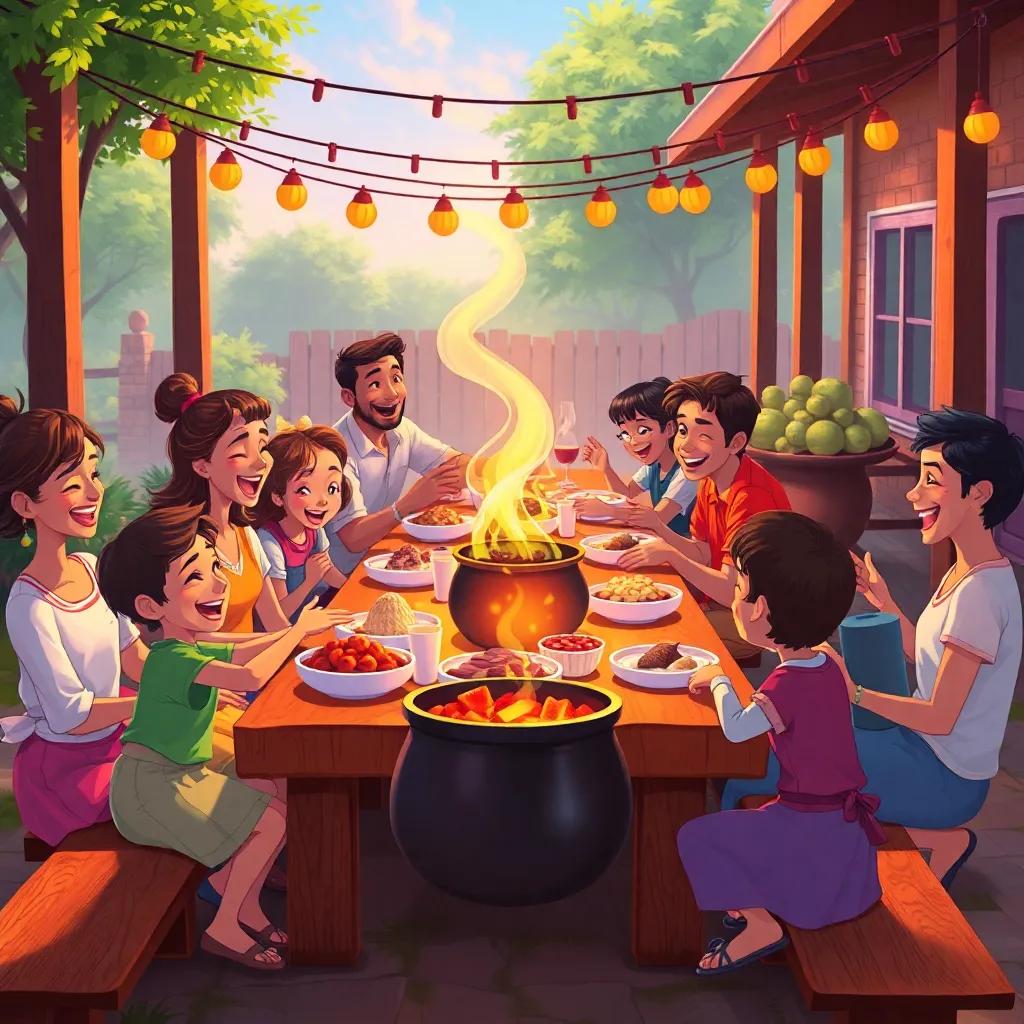 A long table set up outside with families gathering to share food from the magic pot, laughter and joy in the air, children and adults enjoying their time together, vibrant atmosphere, outdoor setting, colorful illustration, lively and engaging, friendly vibe