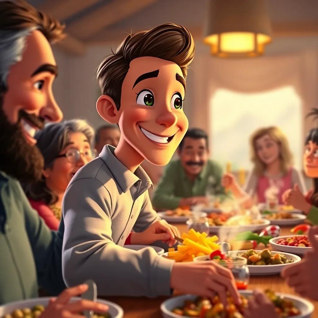 Sam, with a beaming smile, looks around at his friends and family at a communal feast, the joy of sharing reflected in everyone’s eyes, colorful dishes spread across the table, detailed painting, warm light, festive and uplifting, high quality