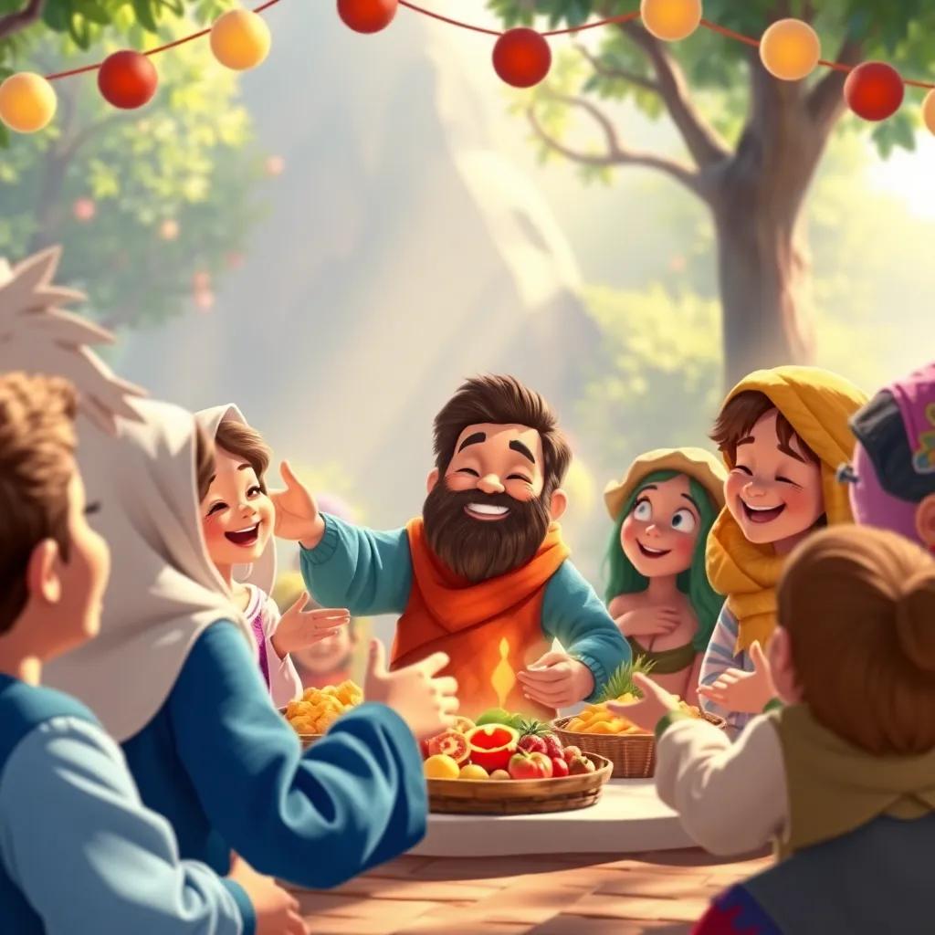 Sam inspiring villagers to share more than food; a beautiful bonding moment as they gather to celebrate kindness, smiles and laughter all around, a magical atmosphere, bright colors, digital painting, heartwarming scene, child-friendly, high quality