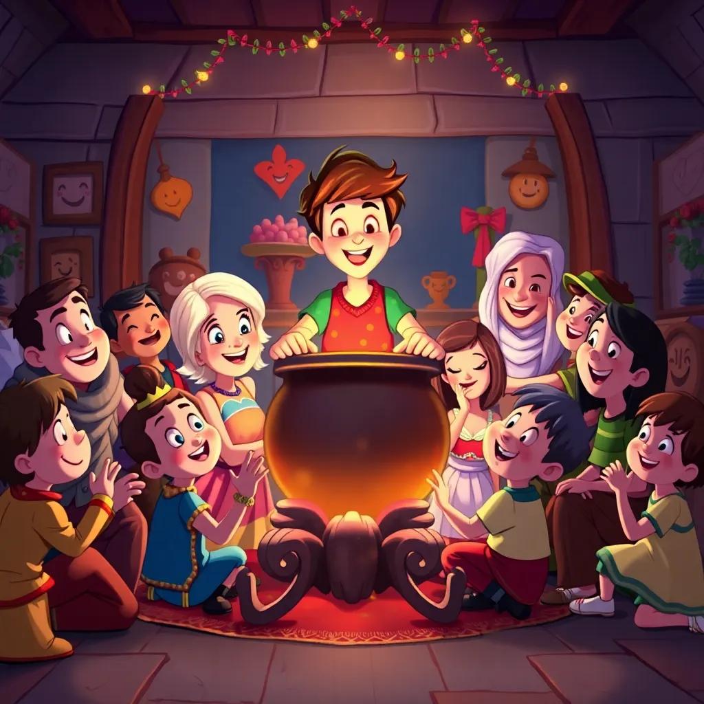 Sam surrounded by family and friends, with the magic pot in the center, everyone joyful and happy, walls decorated with smiles and decorations, a perfect end to a lively day, illustration, rich colors, cozy nighttime feeling, high quality