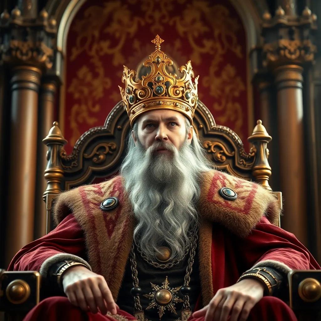 A wise king with a golden crown, sitting on a majestic throne in a grand castle, looking thoughtful, rich tapestry behind him, digital art, warm lighting, inviting atmosphere, high quality