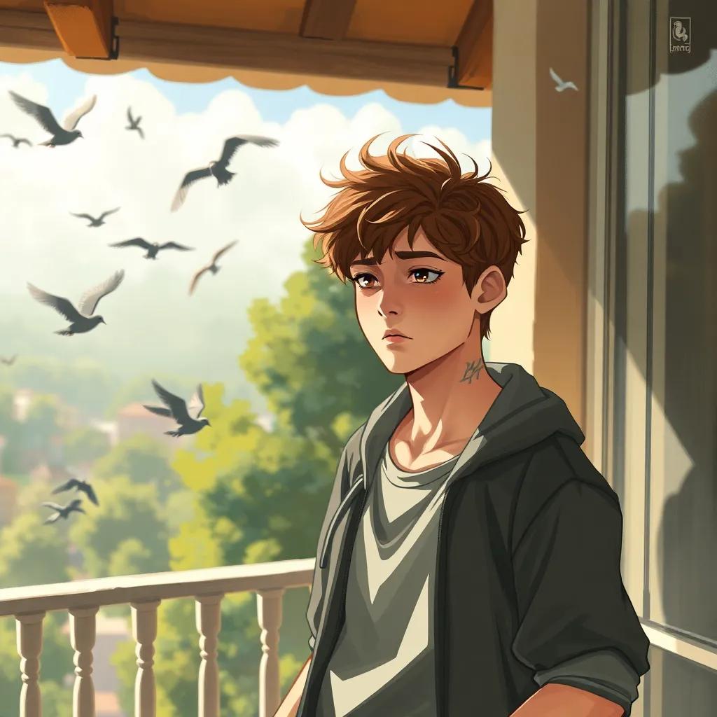 A young man named Timmy, looking sad on his balcony, wearing casual clothes, with messy brown hair and light skin, in a sunlit day, with birds fluttering by, digital art, warm colors, serene atmosphere, high quality