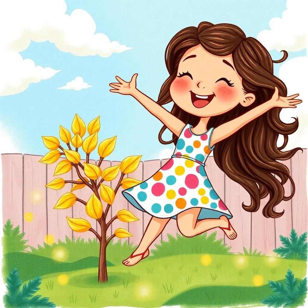 Mia, a young girl with long wavy brown hair in a colorful dress, jumping with joy in her backyard surrounded by a magical plant with golden leaves, fluffy clouds in a blue sky, joyful and bright, detailed illustration