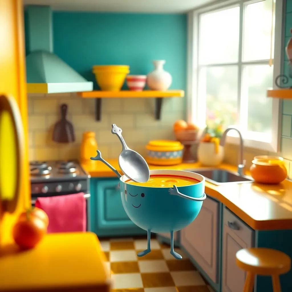 A tiny kitchen with bright colors, featuring a magical spoon named Scoop, with a smiling face, dancing around a bowl of soup, light streaming in from the window, colorful, cheerful atmosphere, cartoonish style, high quality