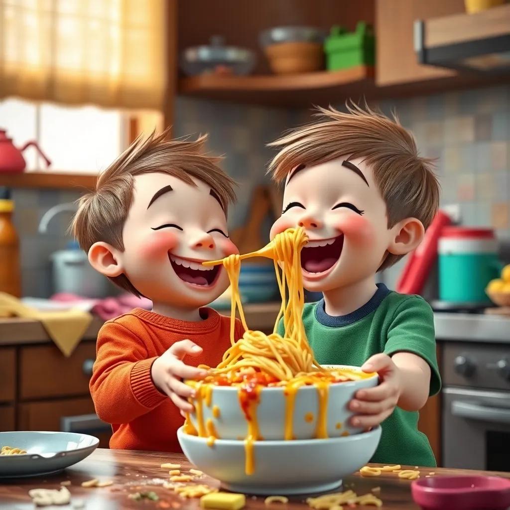 The magic spoon, Scoop, tickling a little boy, Tim, with noodles, who is laughing with a soup-covered face, surrounded by a messy kitchen, fun and playful setting, vibrant colors, playful perspective, high quality