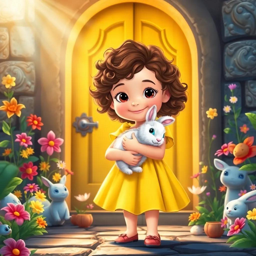 Bella, a cheerful little girl with curly brown hair in a bright yellow dress, holding a fluffy white bunny, standing in front of a magical door surrounded by colorful flowers and friendly creatures, bright and inviting light, whimsical scenery, illustration, joyful and adventurous vibe