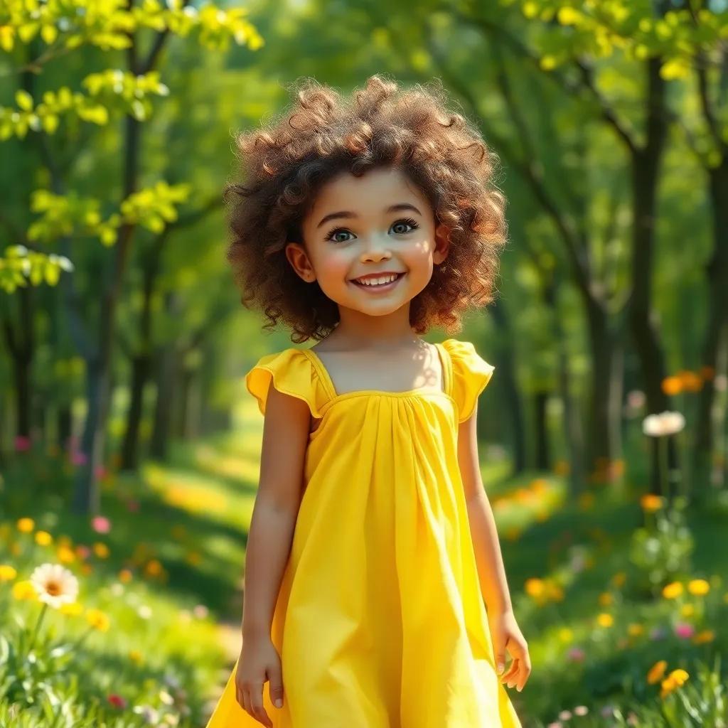A young girl, Jessica, with curly brown hair wearing a bright yellow dress, walking through a sunny forest with green trees and colorful flowers, joyful expression, digital art, cheerful colors, warm light, immersive atmosphere, high quality