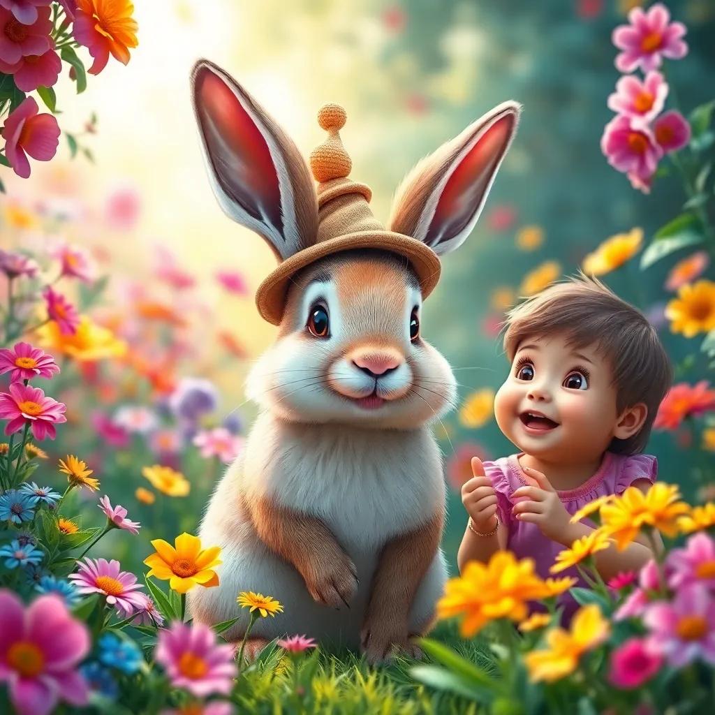 A talking rabbit wearing a tiny hat, surrounded by colorful flowers in a lush garden, smiling and inviting two happy children, vibrant colors, enchanting light, whimsical setting, playful vibe, detailed illustration