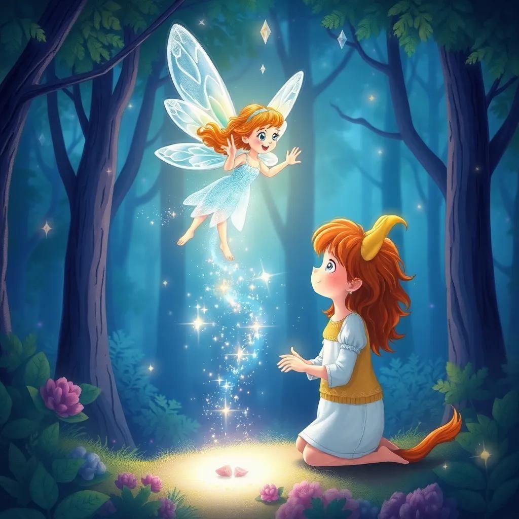 A sparkling fairy with diamond wings flying down to Luna and Leo, surrounded by a shimmering light, magical forest backdrop, illustration, enchanting, vibrant colors, joyful moment, high quality