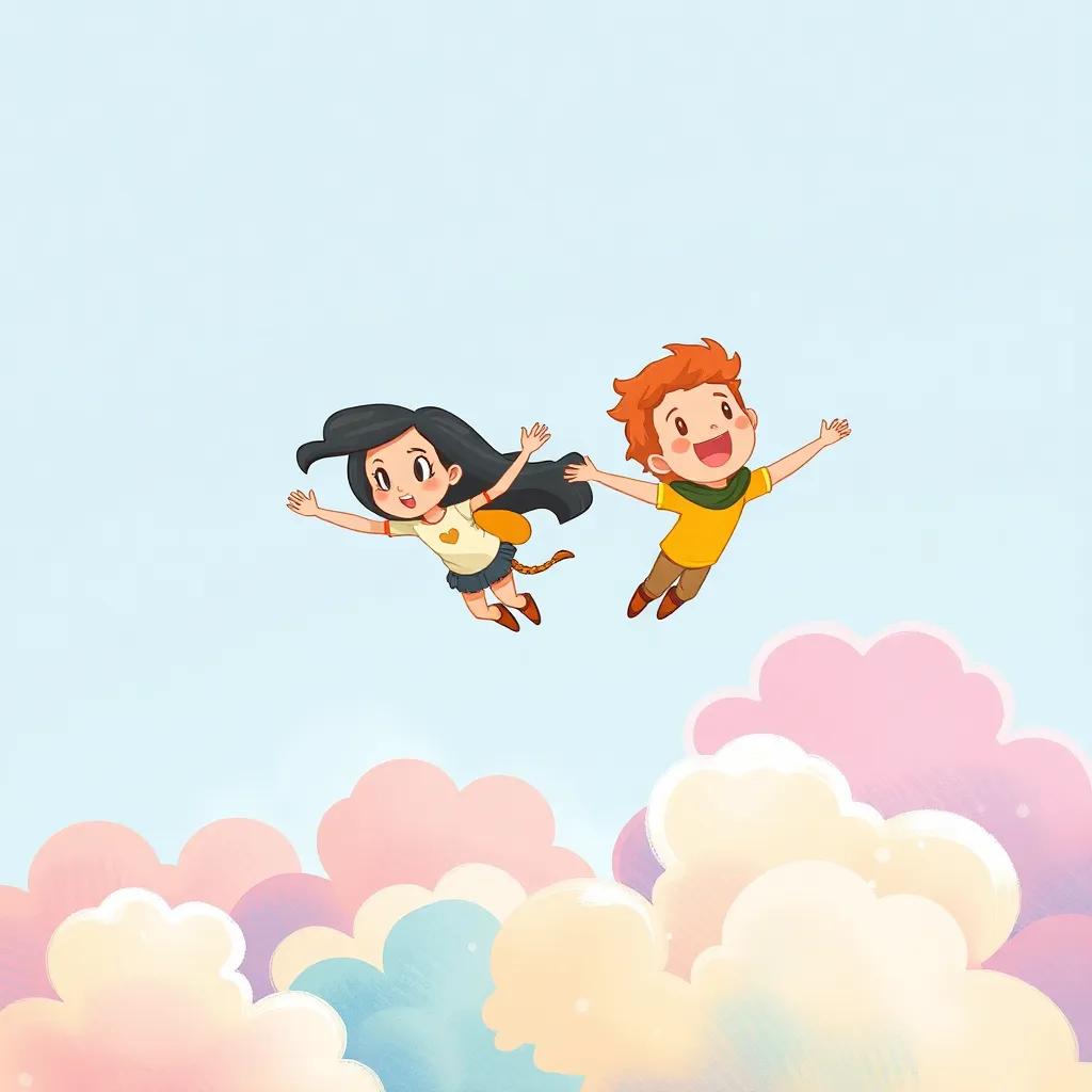 Luna and Leo soaring high in the sky, with colorful clouds resembling cotton candy below them, feeling the rush of wind, illustration, cheerful, bright colors, lively adventure, high quality