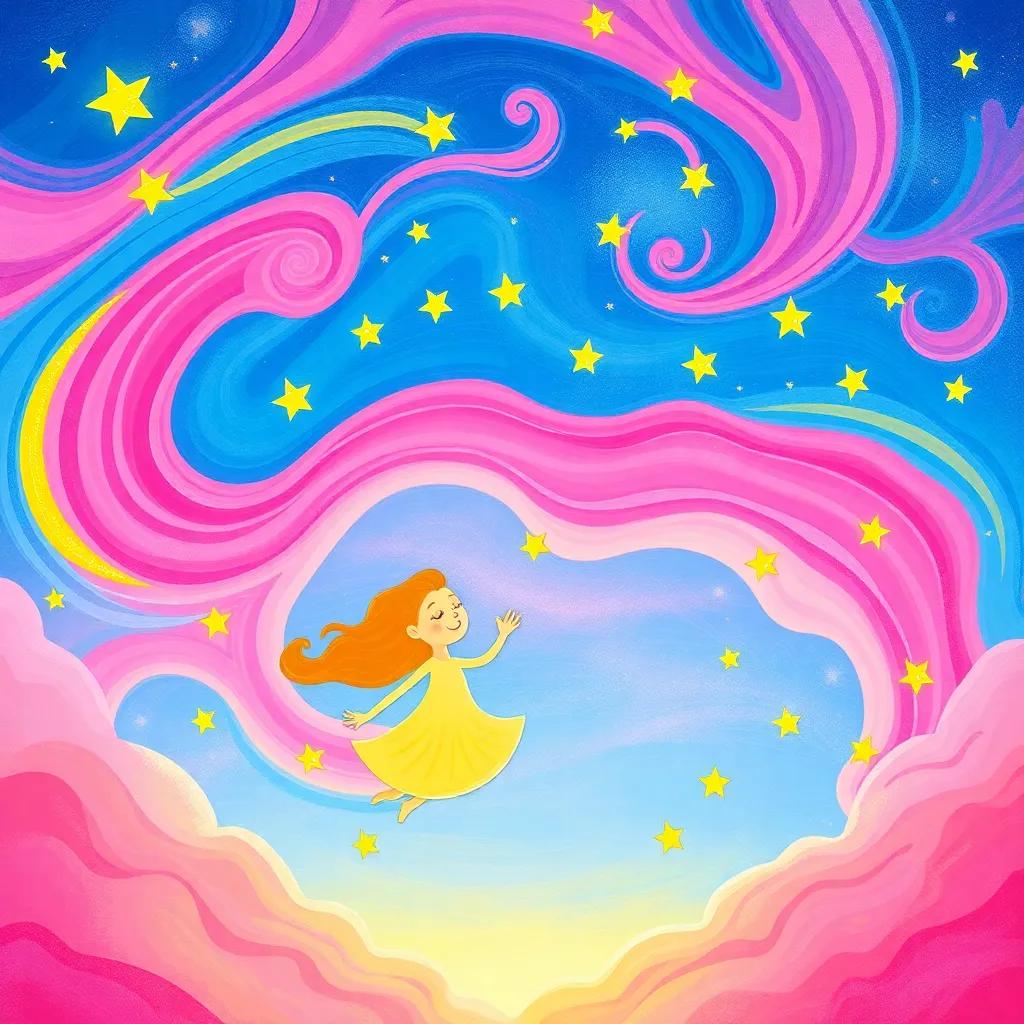 A beautiful sky full of bright pink, blue, and yellow colors swirling around, with Luna and Leo dancing among the stars, illustration, joyful, whimsical, magical atmosphere, high quality