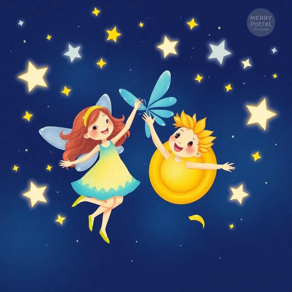 The fairy guiding Luna and Leo as they dance among the stars, joyful expressions on their faces, twinkling lights all around, illustration, merry and vibrant, high quality