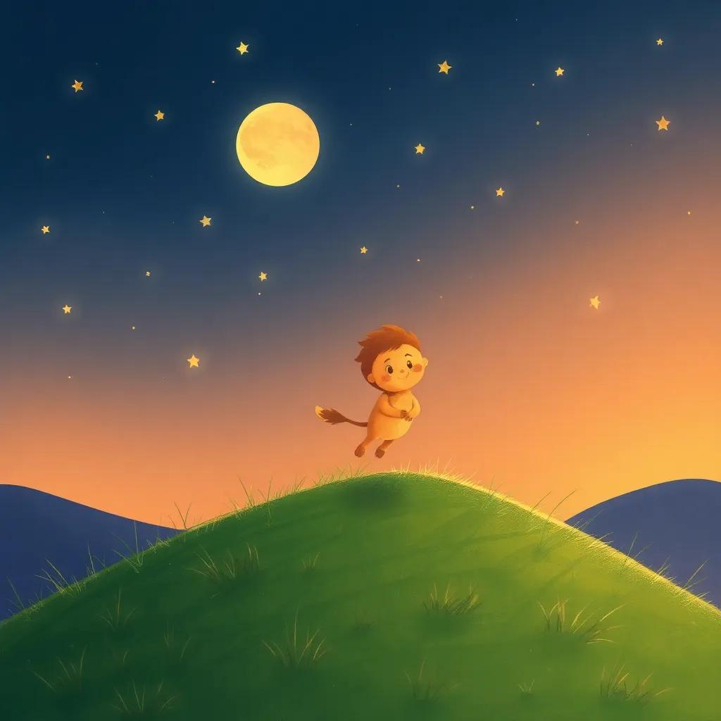 Luna and Leo softly landing back on the grassy hill, with the stars fading in the background, illustration, warm colors, heartwarming moment, high quality