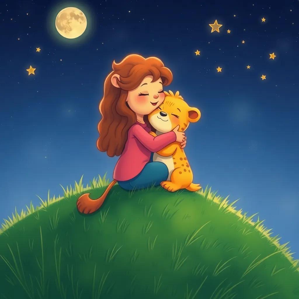 Luna hugging Leo tightly on the grassy hill, looking up at the stars with a smile, illustration, joyful, peaceful atmosphere, high quality
