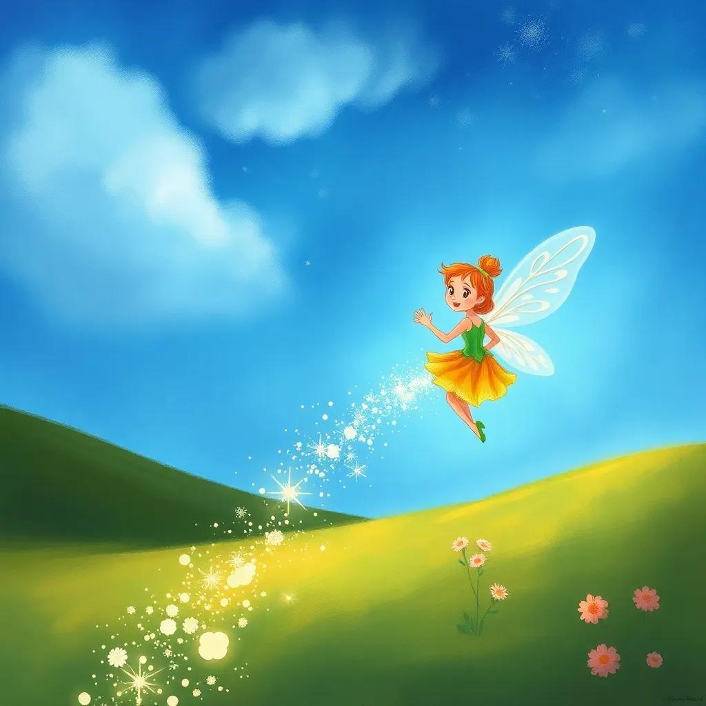 The fairy winking and flying back into the sky, leaving behind a trail of sparkling dust, illustration, enchanting, magical scene, high quality