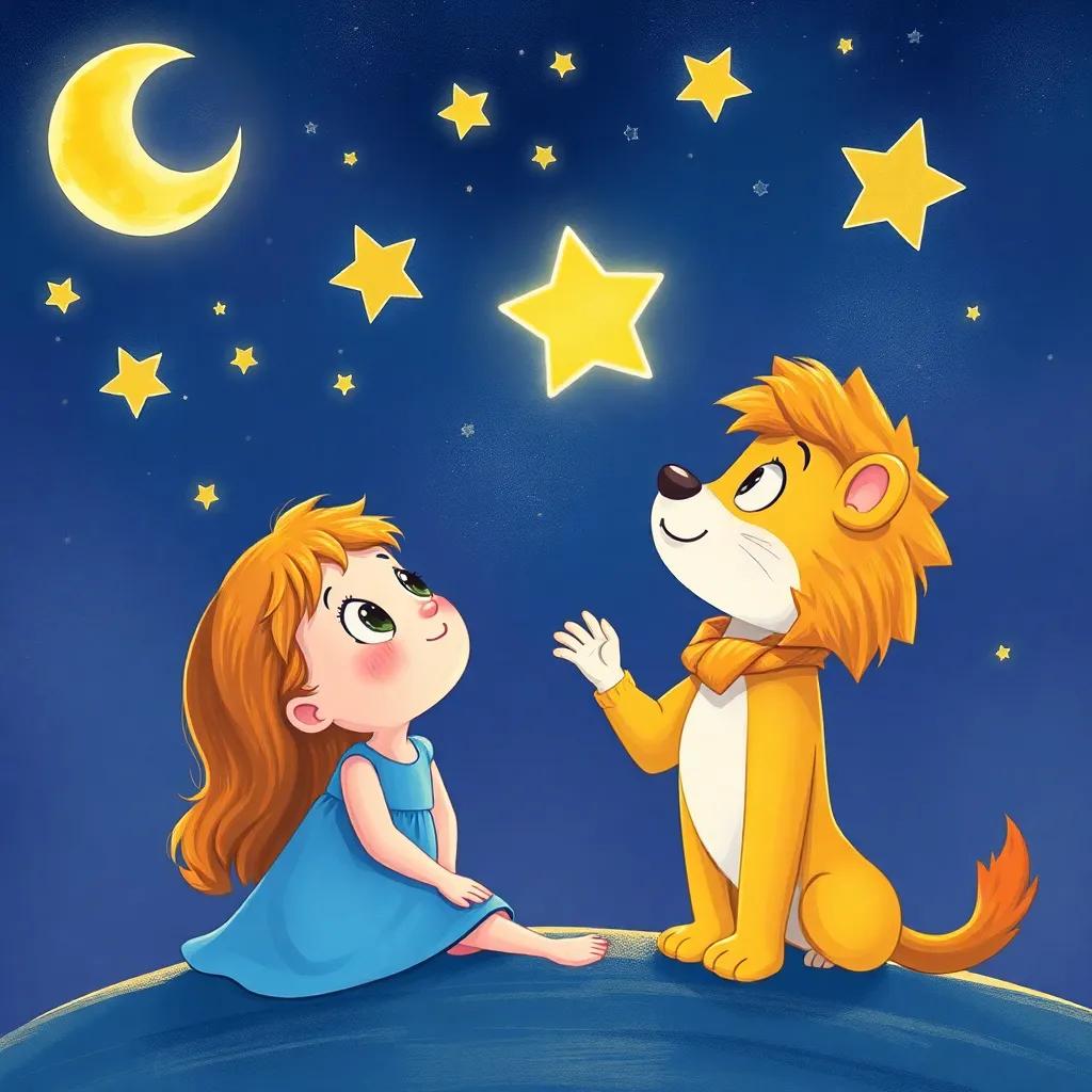 Luna and Leo looking up at the stars with wonder, full of dreams and excitement, illustration, night scene, enchanting colors, high quality