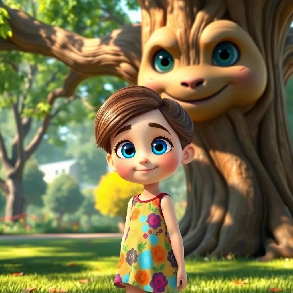 A curious girl, Mia, with bright blue eyes, wearing a colorful dress, standing in a sunny park with a big, wise tree with a friendly face, digital art, vibrant colors, enchanting atmosphere, high quality