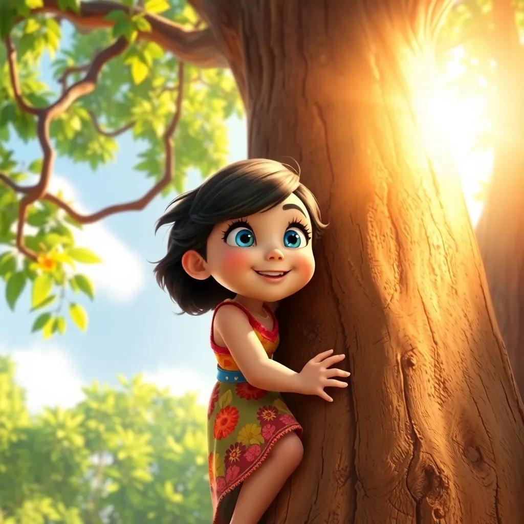 Mia, the curious girl with bright blue eyes in a colorful dress, climbing the trunk of a tall tree, looking up excitedly toward sparkling treasure in the branches, bright sunlight, magical colors, adventurous perspective, high quality