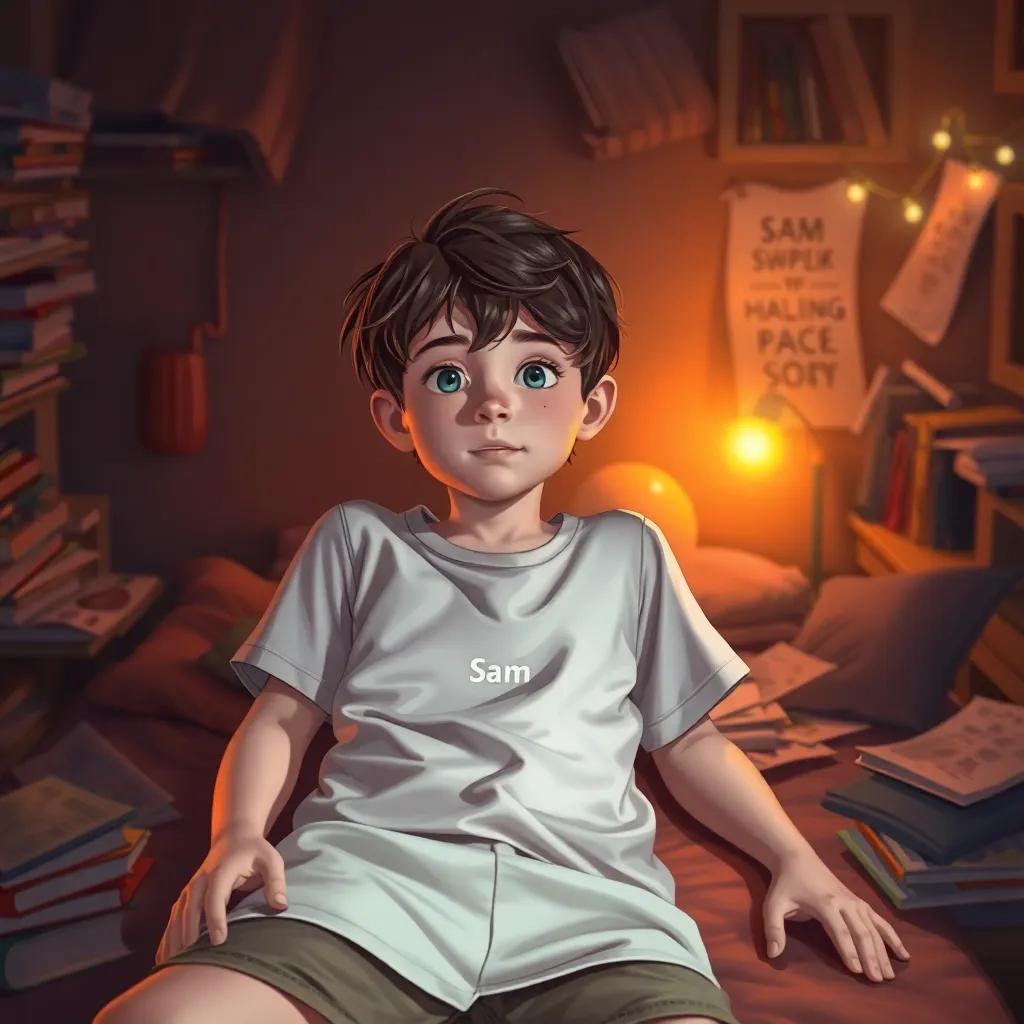 A boy named Sam, with short brown hair and wearing a casual t-shirt and shorts, lying on a bed in a dimly lit room filled with books and scattered papers, digital art, warm colors, cozy atmosphere, high quality