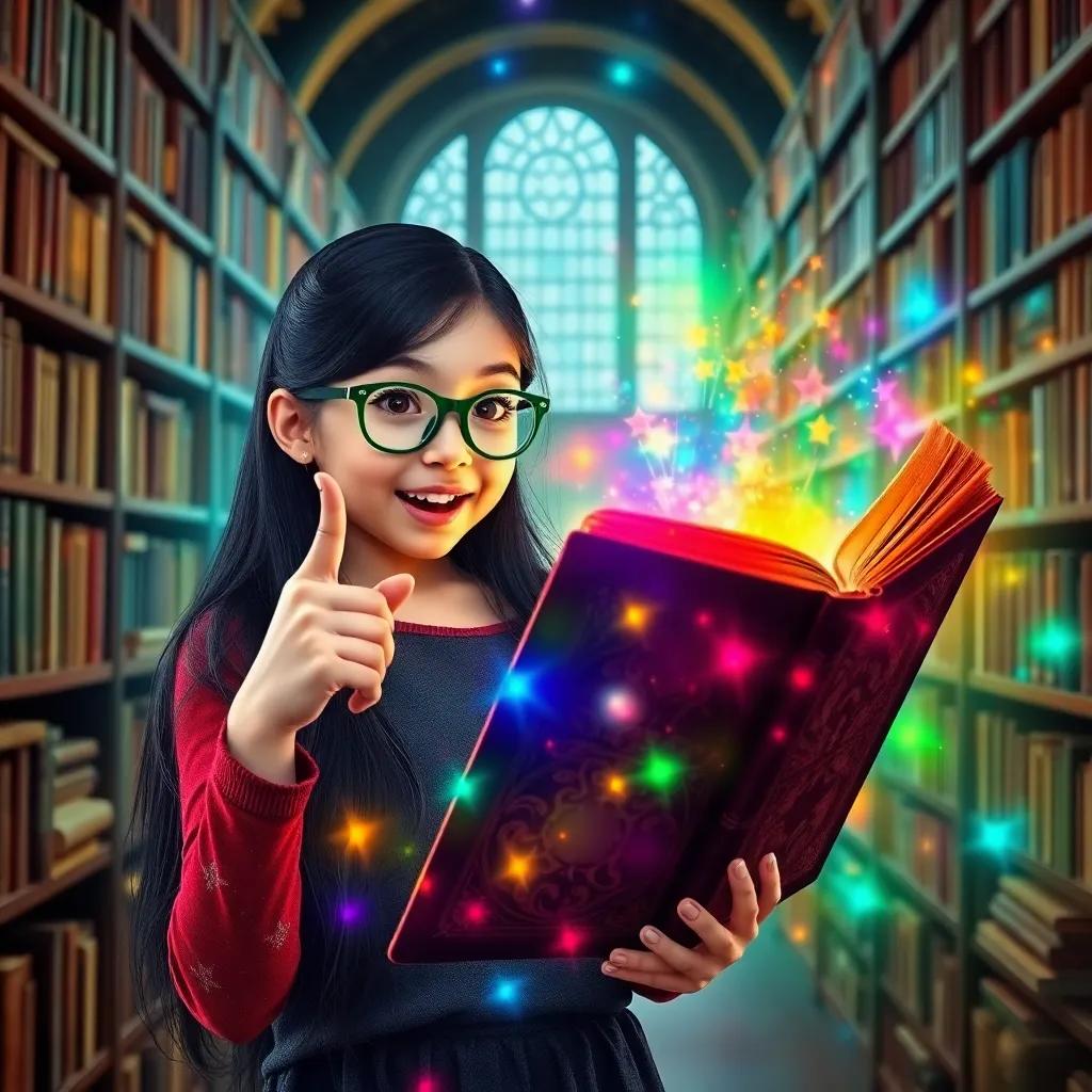 A girl named Adrianne, with long black hair and green glasses, excitedly pointing at a large, ancient book surrounded by colorful magical lights in a library filled with books, vibrant colors, fantasy style, high quality