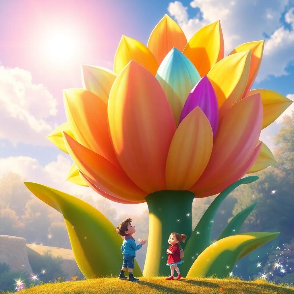 A giant colorful flower, Flora, with petals shimmering in various colors under the sun, towering above Sam and Lucy, with whimsical sparkling effects around them, illustration, magical, inviting, child-friendly, fantasy-themed