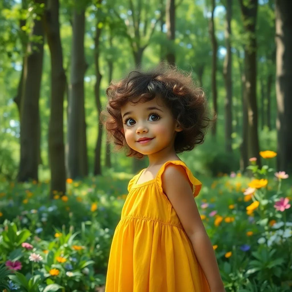 A young girl, Ria, with curly brown hair wearing a yellow dress, exploring a lush green forest filled with tall trees and colorful flowers, sunlight filtering through the leaves, vibrant and cheerful atmosphere