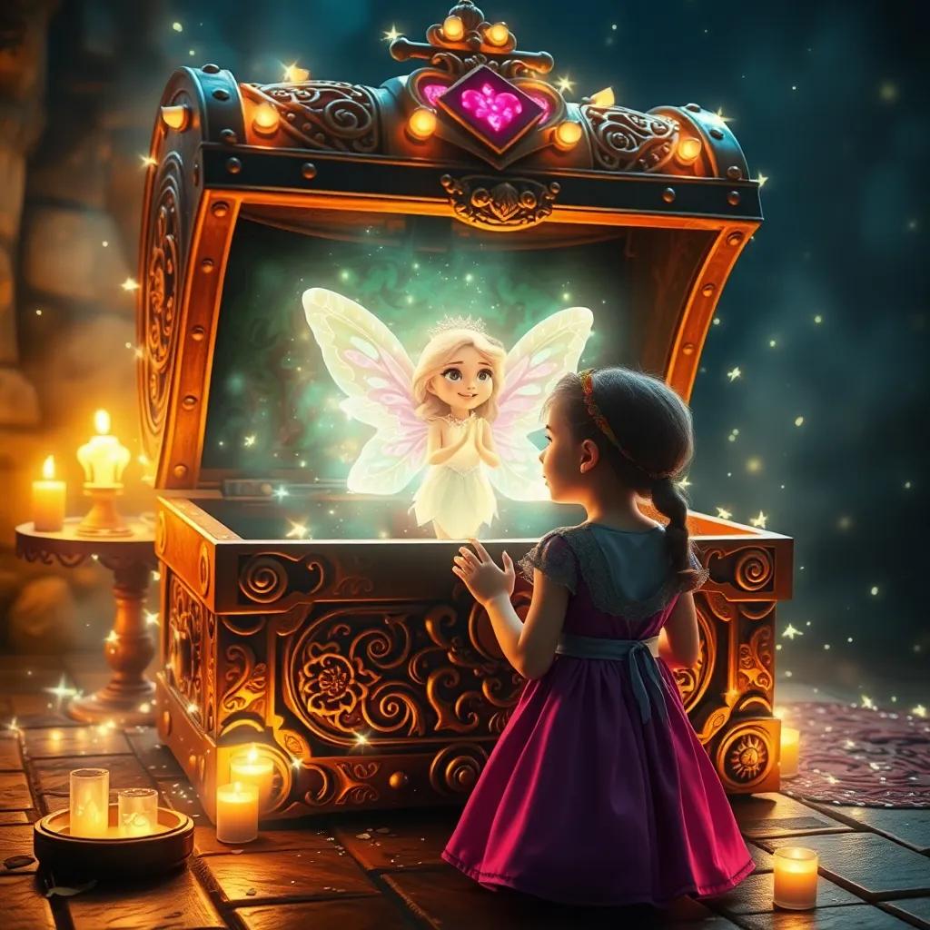 A magical chest, ancient and ornate, surrounded by sparkling lights, with Ria looking amazed as the fairy Rita emerges from it, bright colors and enchanting aura, wonder and excitement in the air