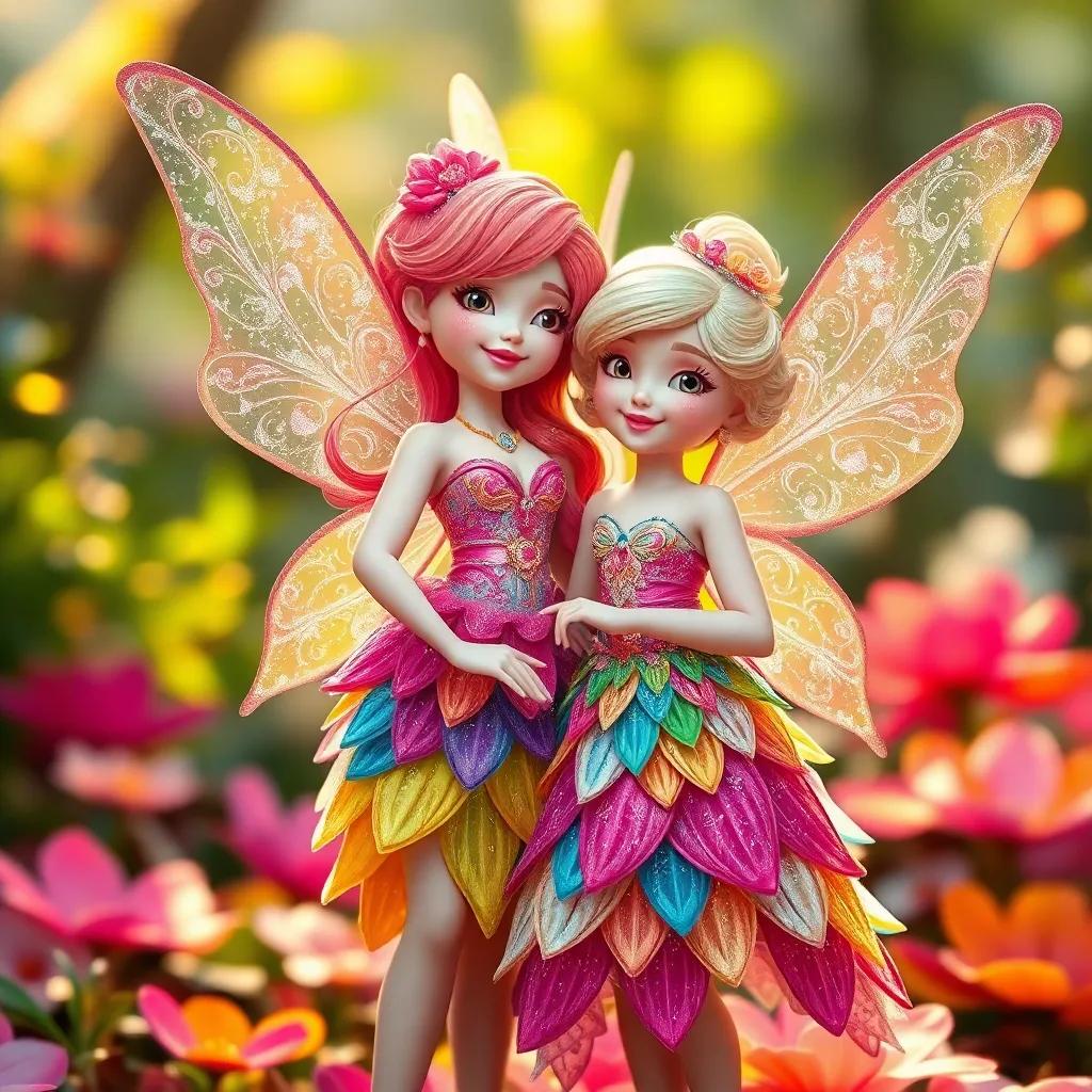 A shimmering fairy, Rita, with sparkling wings, wearing a dress made of colorful petals, standing next to Ria, smiling and sharing the riddle, whimsical and friendly environment