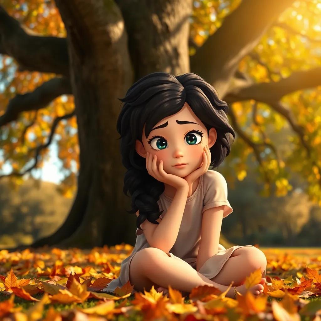 A thoughtful Ria, sitting under a large oak tree, scratching her head with a puzzled expression, looking at the ground surrounded by colorful leaves, soft sunlight and warm colors