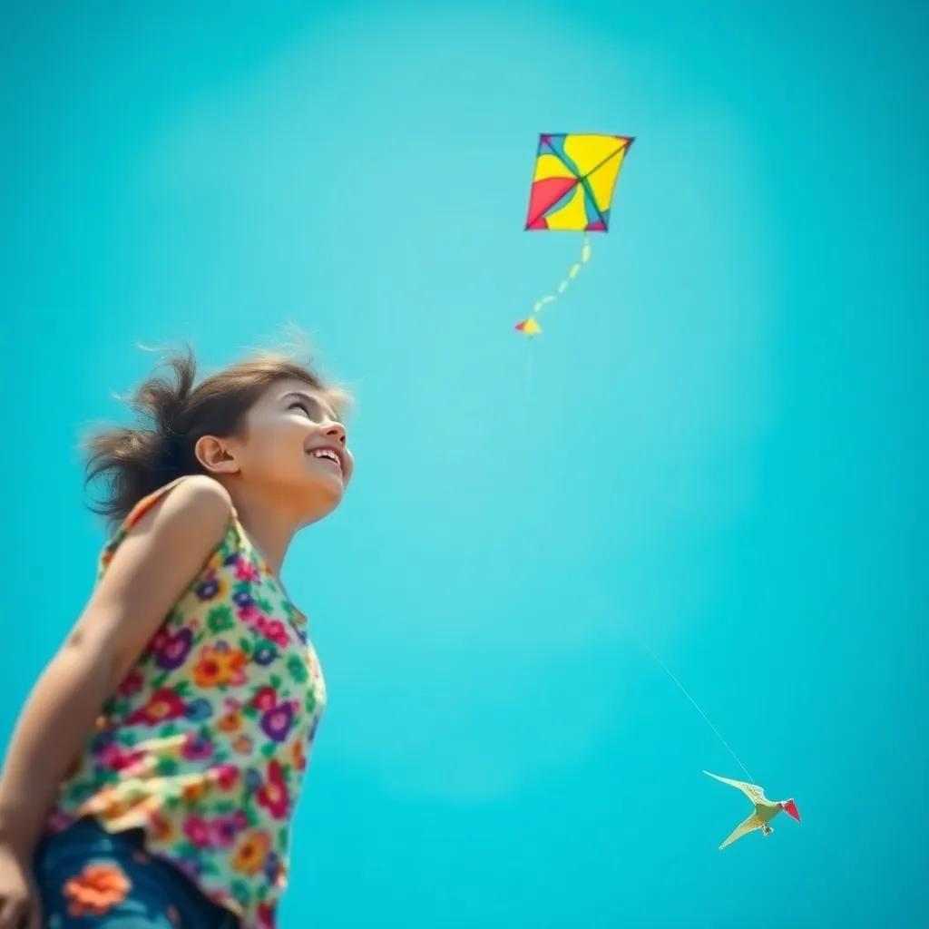 A colorful kite flying high in a clear blue sky, with Ria looking up in awe, bright and cheerful atmosphere, playful and adventurous scene