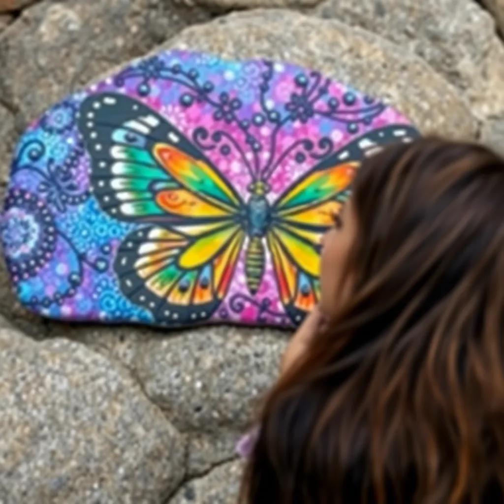 A beautiful rock painting of a butterfly with intricate designs, Ria gazing at it with realization, magical and vibrant colors, inspiring creativity and discovery