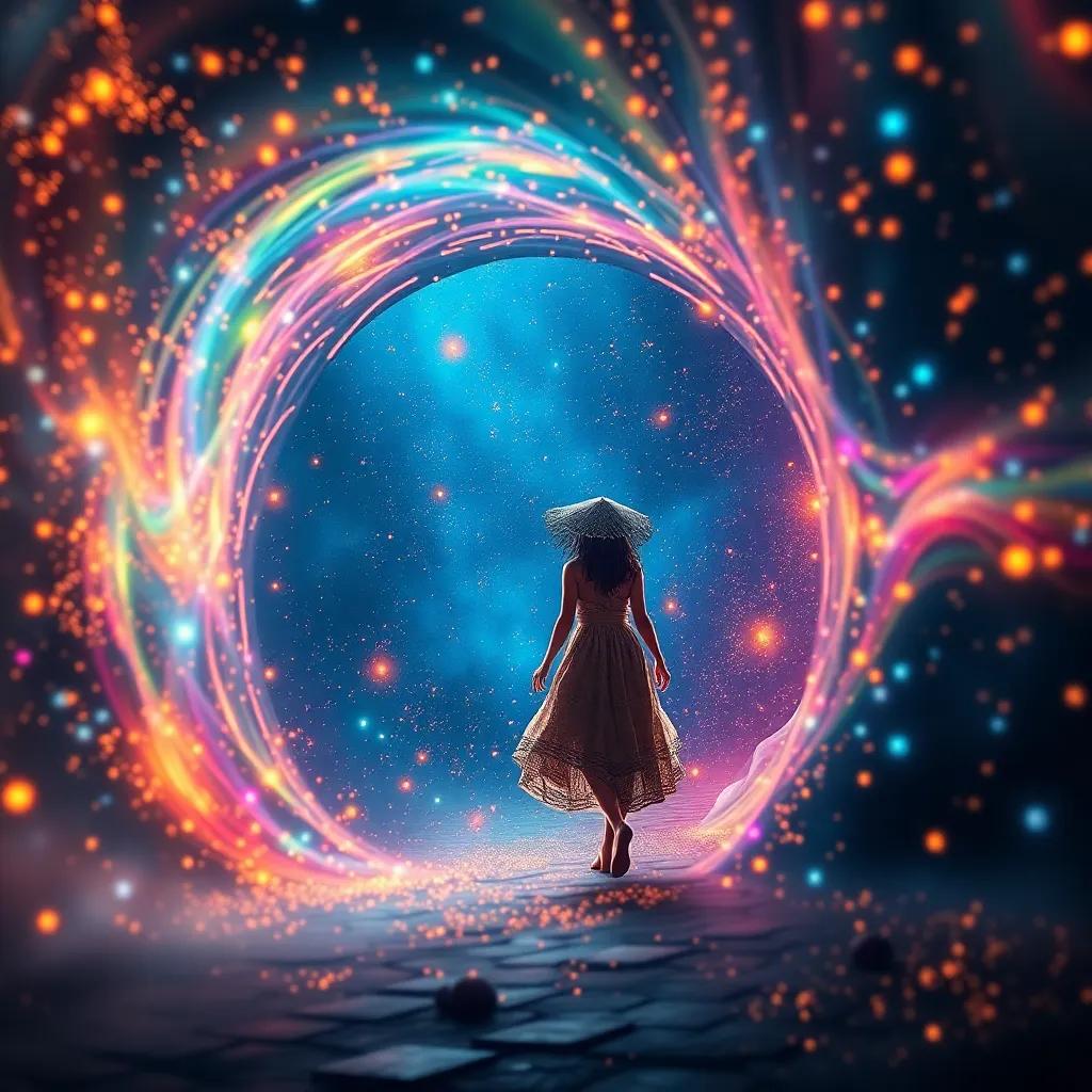 A magical portal swirling with lights and colors, with Ria stepping through it, creating a sense of wonder and adventure, fantastical and dream-like