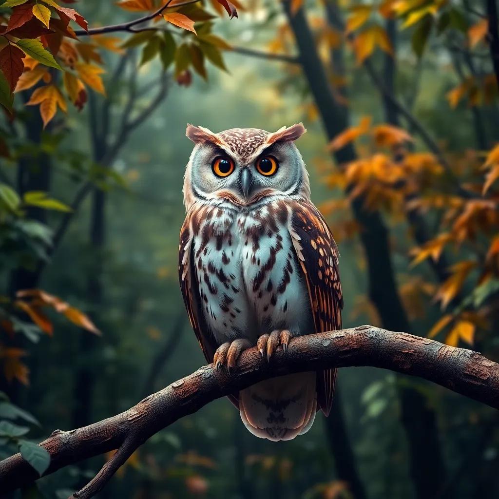 A friendly wise owl sitting on a branch, talking to Ria with wisdom in its eyes, lush forest background filled with vibrant greens and browns, serene and enlightening feeling
