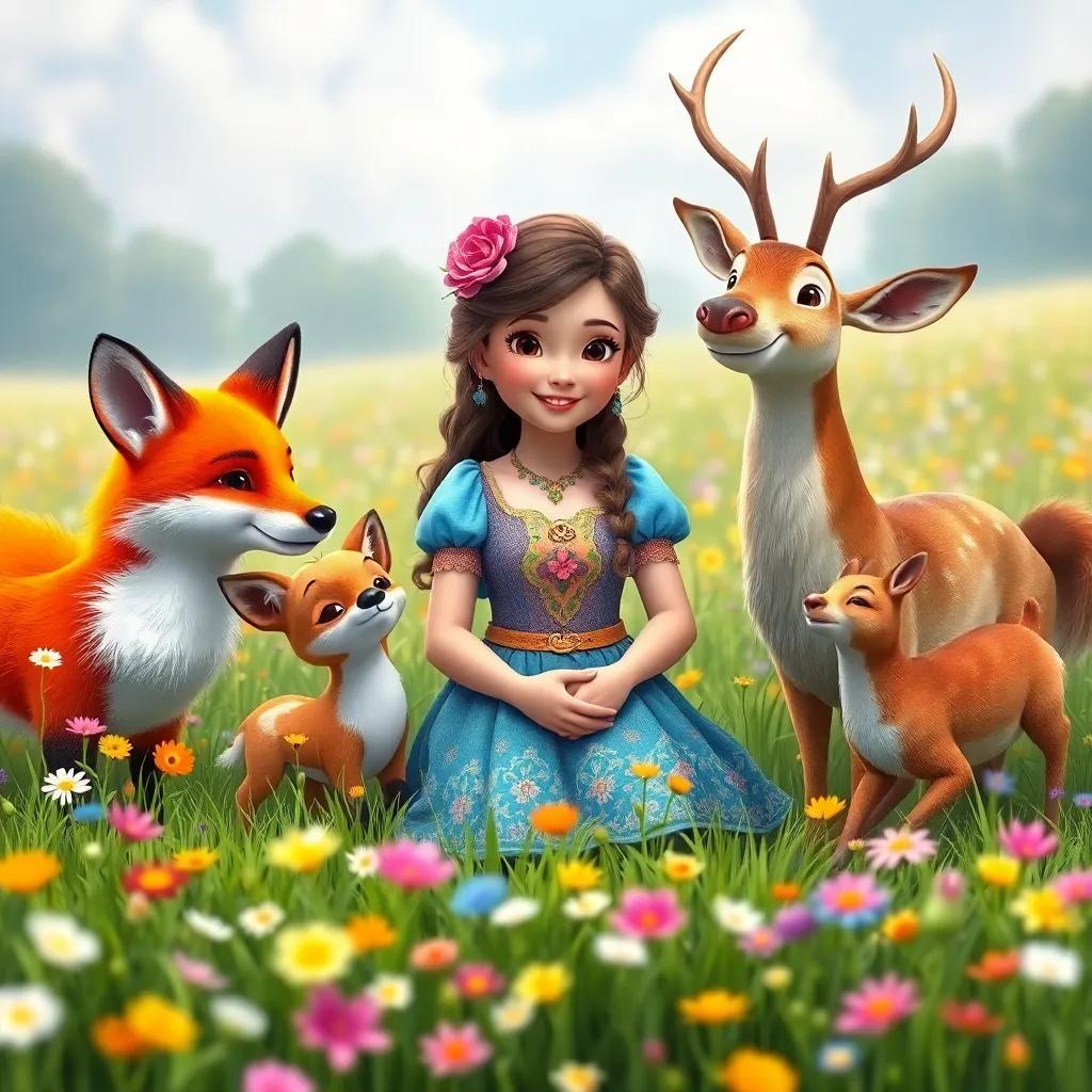 Ria surrounded by talking animals, including a playful fox and a gentle deer, all in a beautiful meadow filled with flowers, colorful and heartwarming scene, full of joy and friendship
