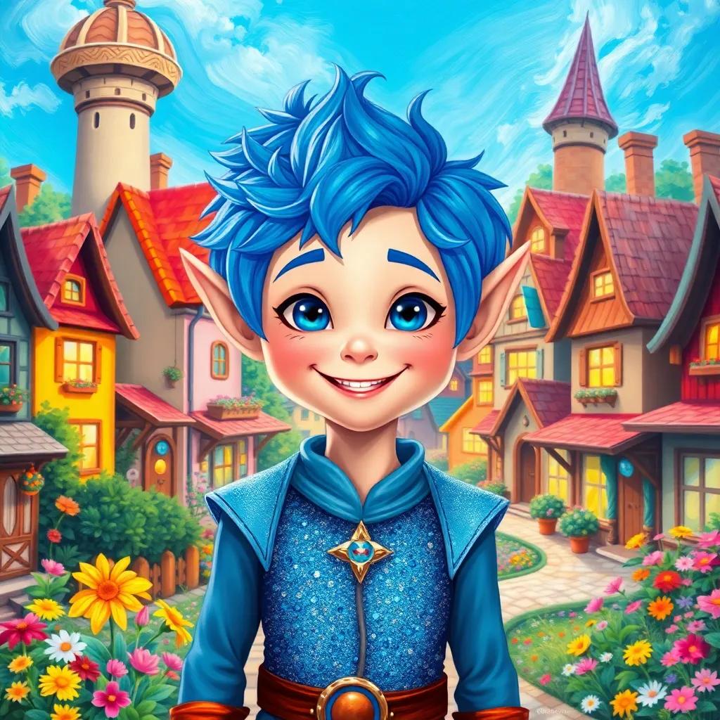 A cheerful boy elf, Bluebat, with bright blue hair and a sparkling outfit, standing in a cozy village filled with colorful houses, bright flowers, and a sky blue, digital art, vibrant colors, warm atmosphere, high quality