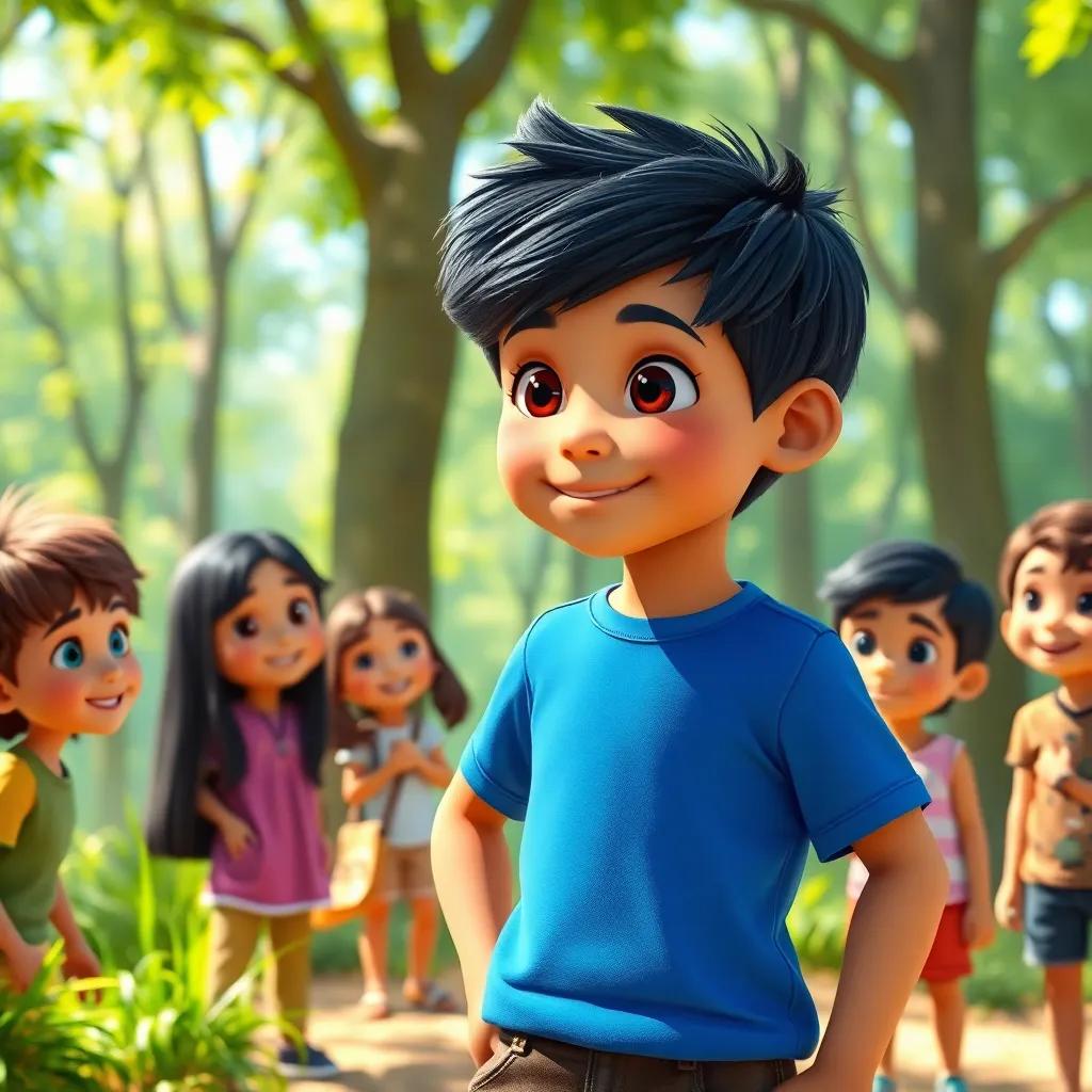A young boy, Hikmat, with short black hair wearing a blue t-shirt, standing confidently in a sunny forest, talking to a group of smiling friends, bright colors, cheerful atmosphere, vibrant landscape, child-friendly