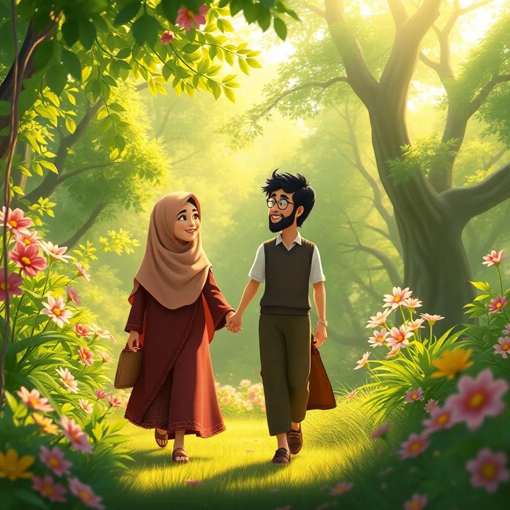 Hikmat and Tarek walking through a green forest, chatting and laughing together, with bright flowers blooming around them, magical atmosphere, warm sunlight filtering through leaves, illustration