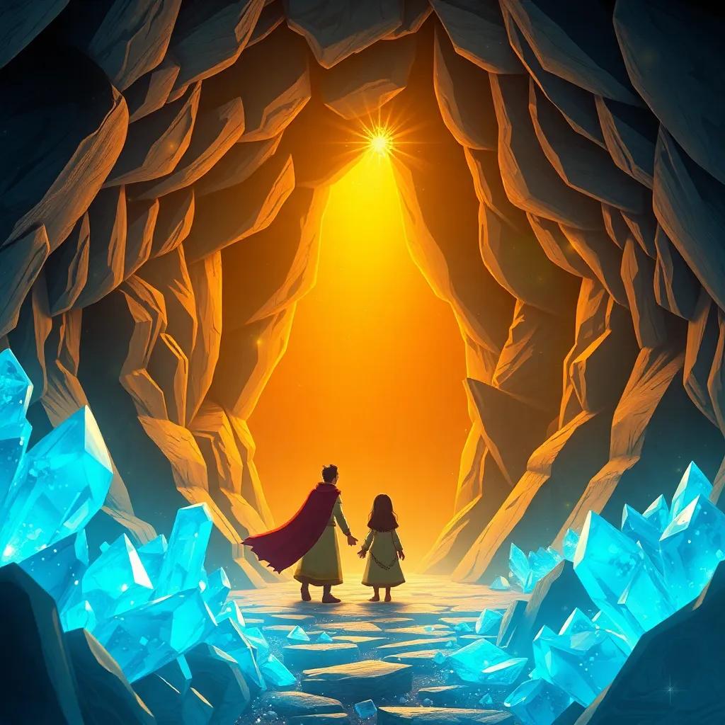 A glowing cave entrance surrounded by sparkling crystals, with Hikmat and Tarek entering it, filled with wonder and excitement, magical lighting, enchanting feel, charming artwork
