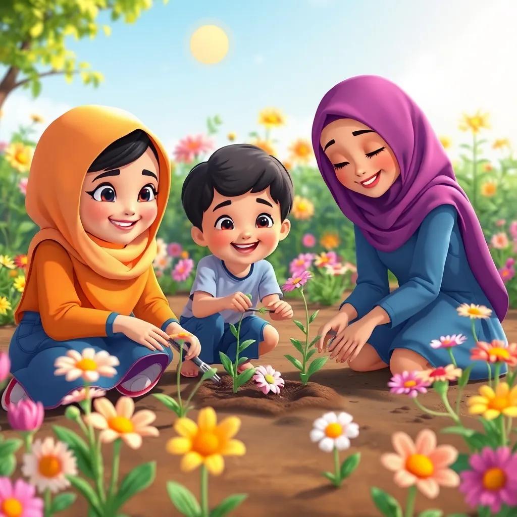 A garden scene where Hikmat, Tarek, and Lila are planting flower seeds together, surrounded by blooming flowers and bright sunshine, a joyful atmosphere, cheerful illustration