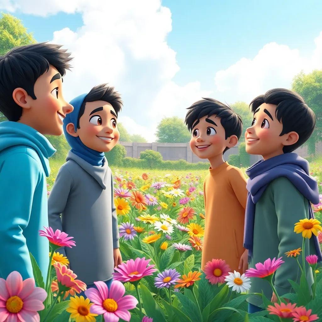 Hikmat and his friends looking at a beautiful garden they created, filled with colorful flowers and a blue sky above, happiness and satisfaction on their faces, warm and inviting
